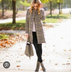 J Crew Plaid Oxford Long Wool Coat With Gold Buttons